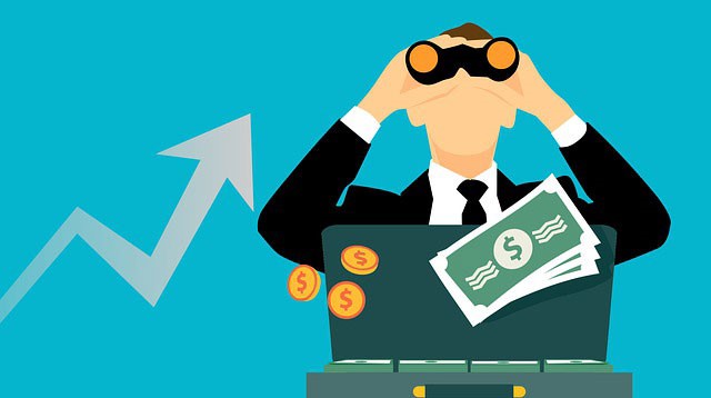 Flat illustration of a briefcase, banknotes and a rising arrow