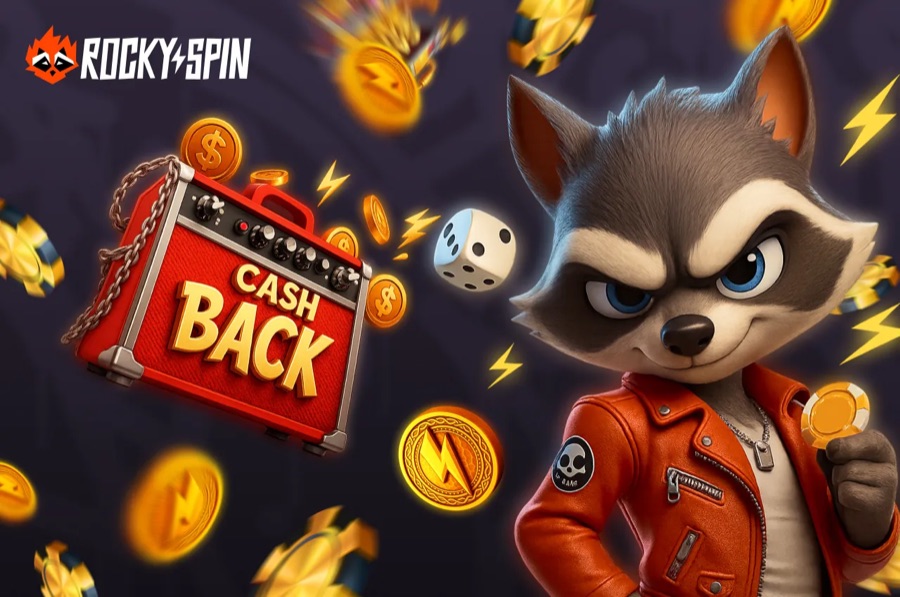 Rockyspin cashback artwork: the brand mascot beside a red case reading CASH BACK